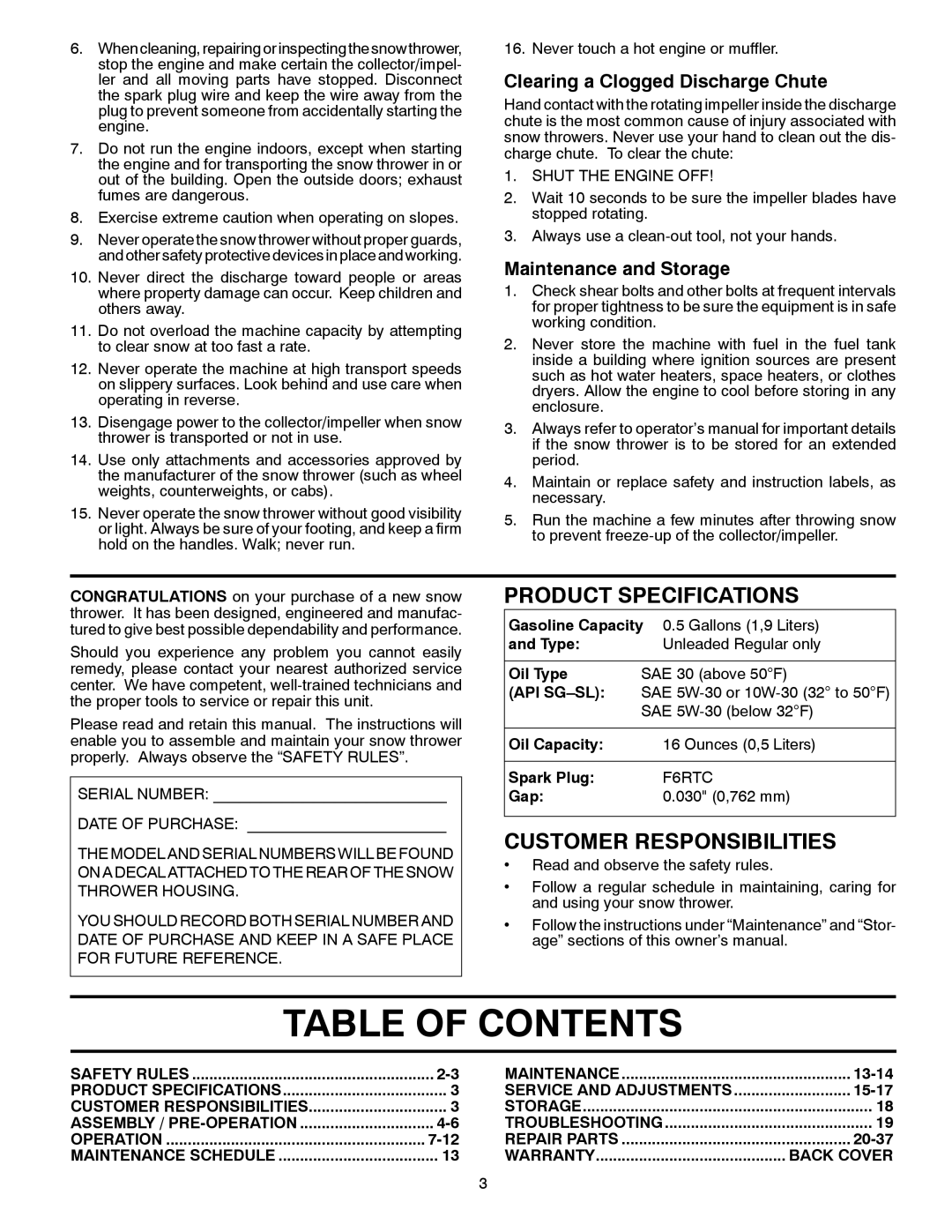 Poulan 437316, 96192004400, XT624ES owner manual Table of Contents 