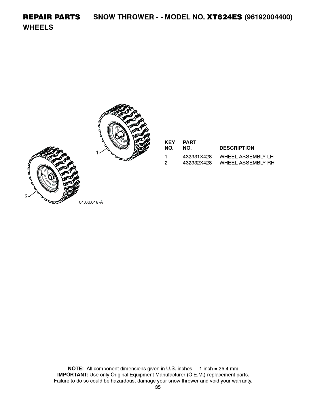 Poulan 437316, 96192004400 owner manual Repair Parts Snow Thrower - Model NO. XT624ES Wheels, Wheel Assembly LH 