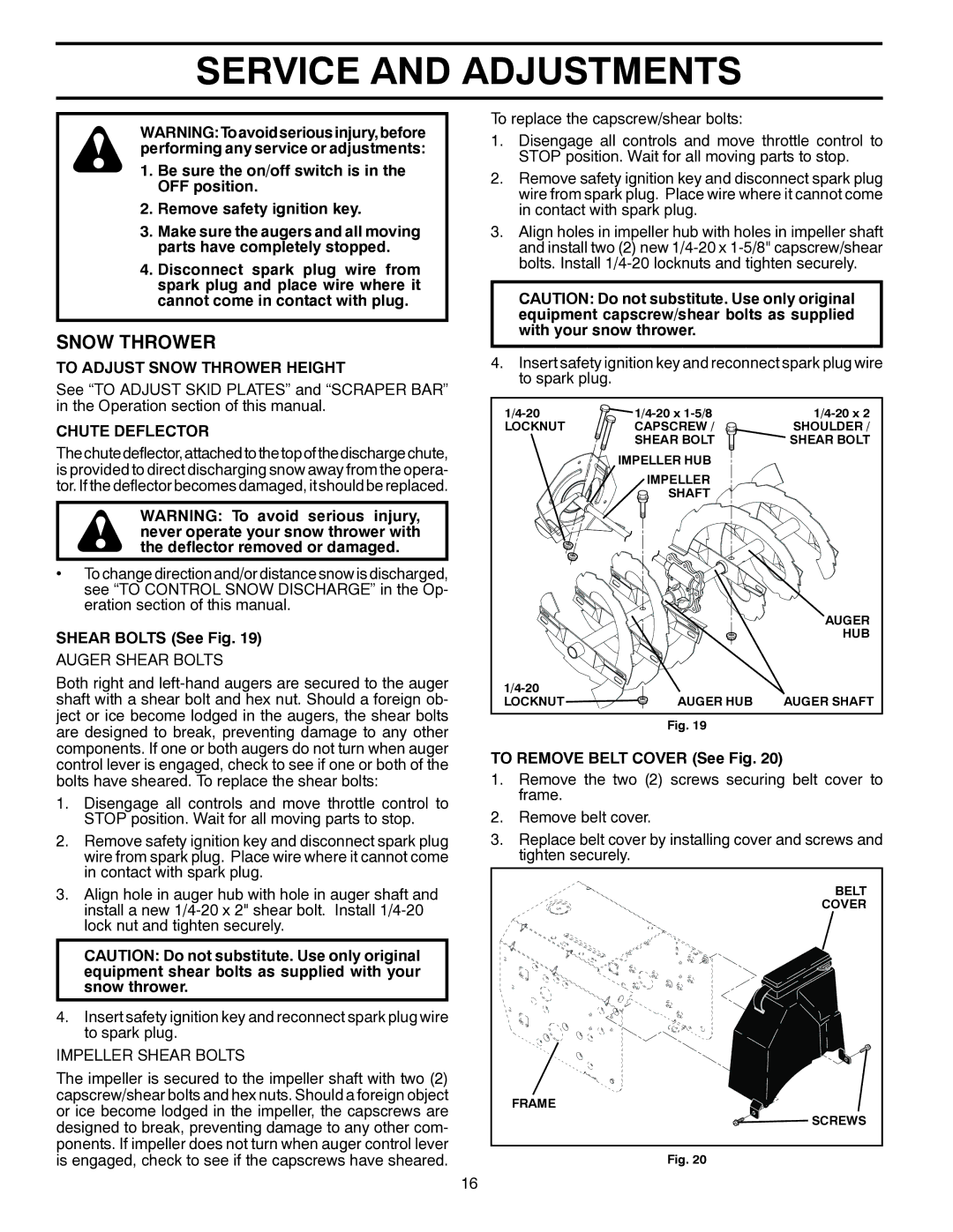 Poulan 437390, 96198003601 Service and Adjustments, To Adjust Snow Thrower Height, Chute Deflector, Shear Bolts See Fig 