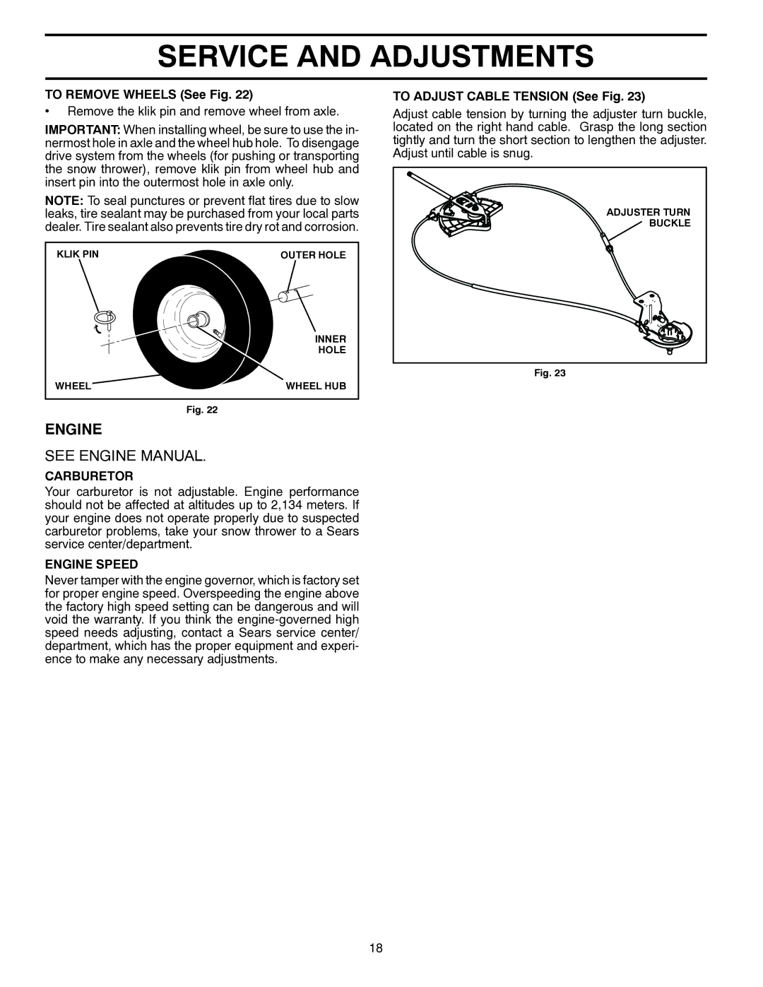 Poulan 437390, 96198003601 owner manual To Remove Wheels See Fig, Carburetor, Engine Speed, To Adjust Cable Tension See Fig 