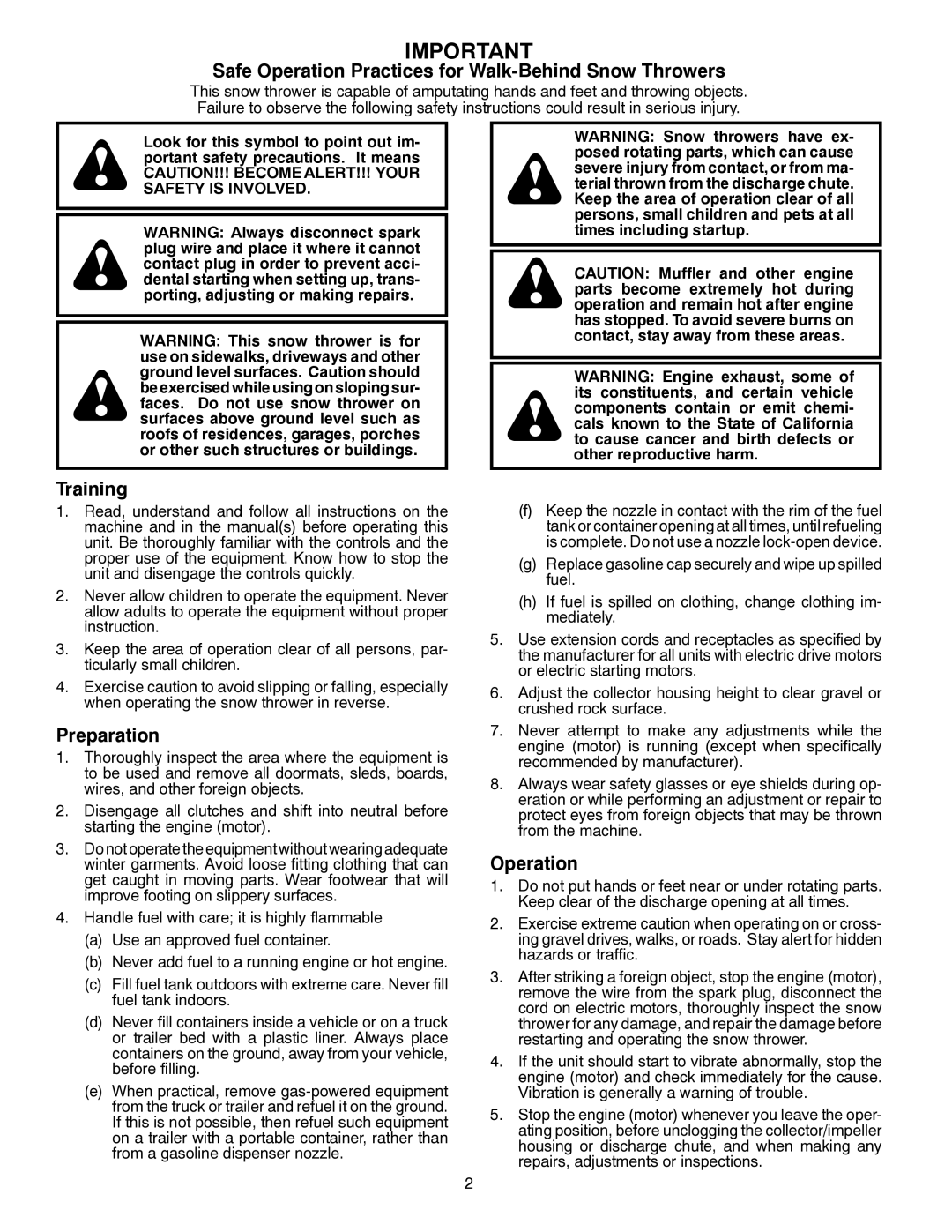 Poulan 437390, 96198003601 owner manual Safe Operation Practices for Walk-Behind Snow Throwers 