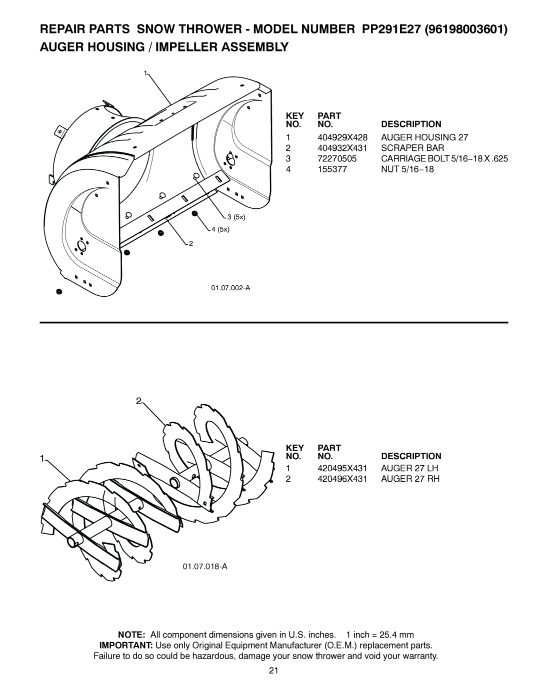 Poulan 96198003601, 437390 owner manual KEY Part Description, Auger Housing, Scraper BAR, Auger 27 LH, Auger 27 RH 