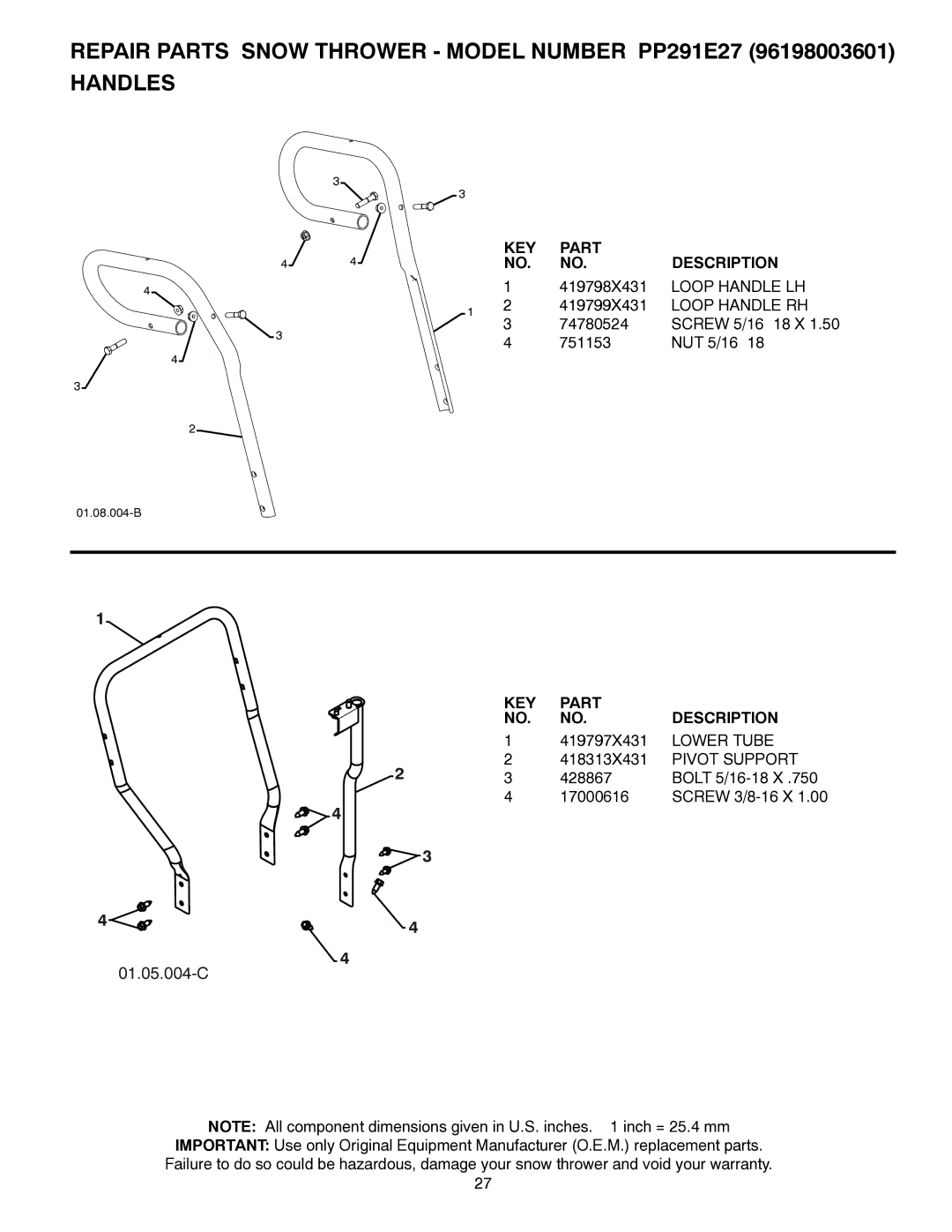 Poulan 96198003601, 437390 owner manual Loop Handle LH, Loop Handle RH, Lower Tube, Pivot Support 