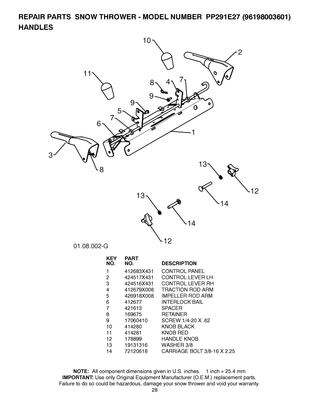 Poulan 437390, 96198003601 owner manual Spacer, Retainer, Knob RED, Handle Knob, Washer 3/8 