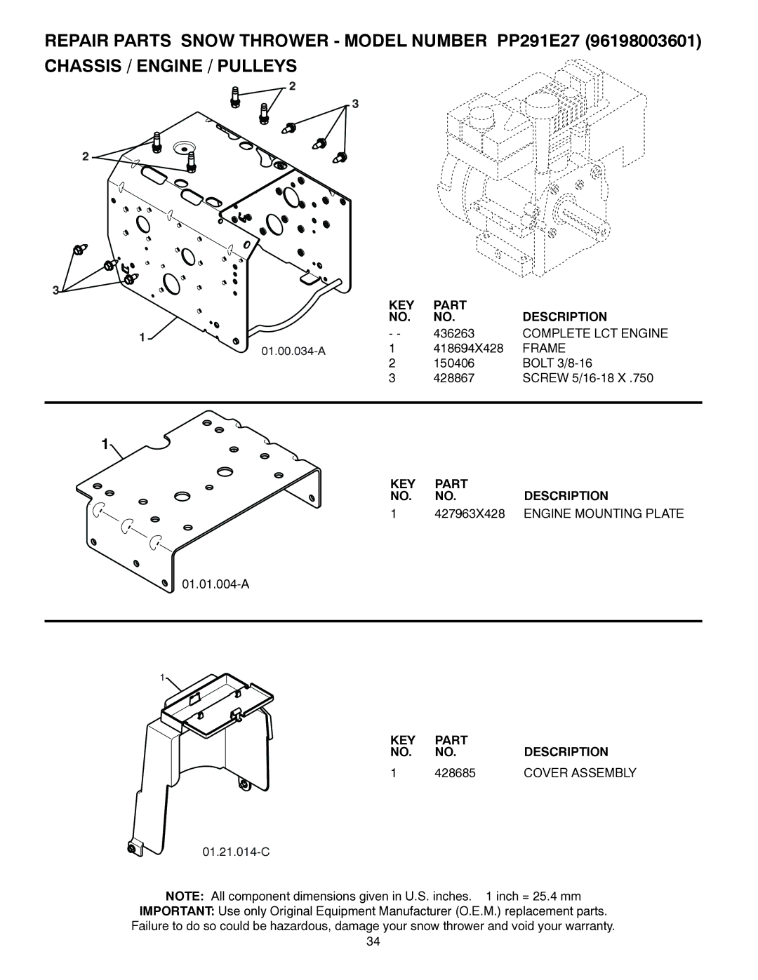 Poulan 437390, 96198003601 owner manual Complete LCT Engine, Frame, 427963X428, Engine Mounting Plate, 428685 