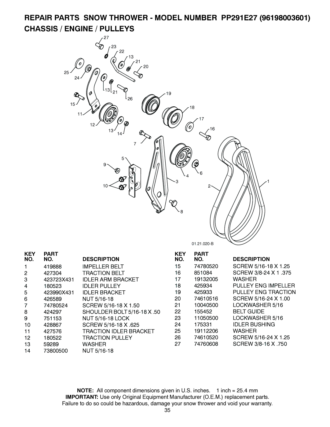 Poulan 96198003601, 437390 Impeller Belt, Traction Belt, Idler ARM Bracket, Idler Pulley, Idler Bracket, Belt Guide 