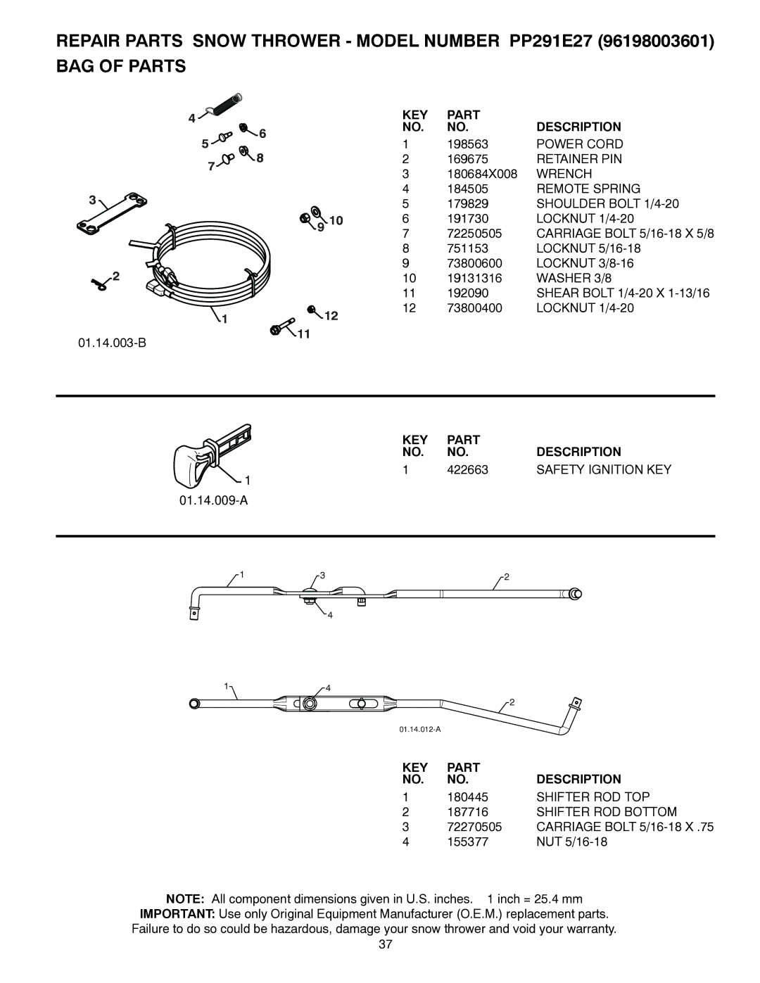 Poulan 96198003601, 437390 owner manual 422663, Safety Ignition KEY 