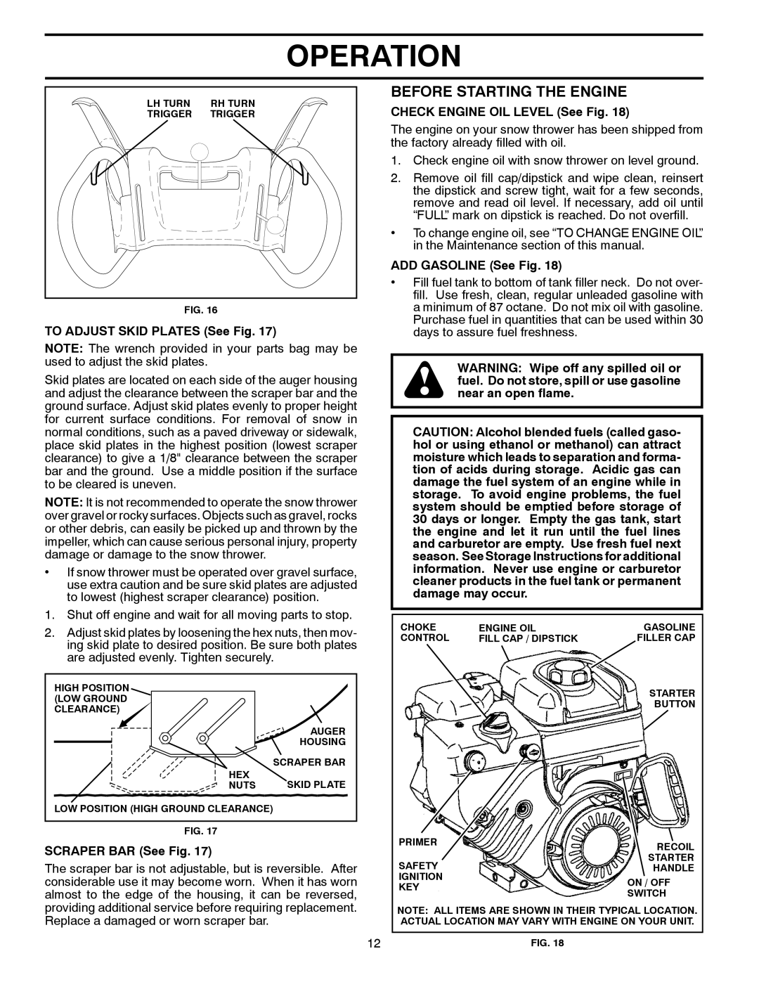 Poulan 437685 Before Starting the Engine, To Adjust Skid Plates See Fig, Scraper BAR See Fig, ADD Gasoline See Fig 