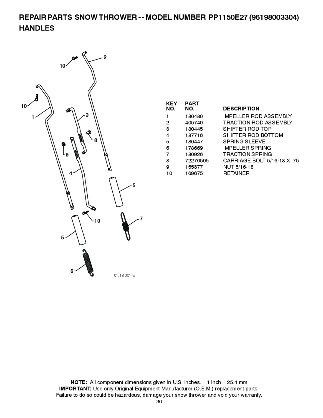 Poulan 437685, 96198003304 owner manual Carriage Bolt 5/16-18 X 155377 NUT 5/16-18 169675 