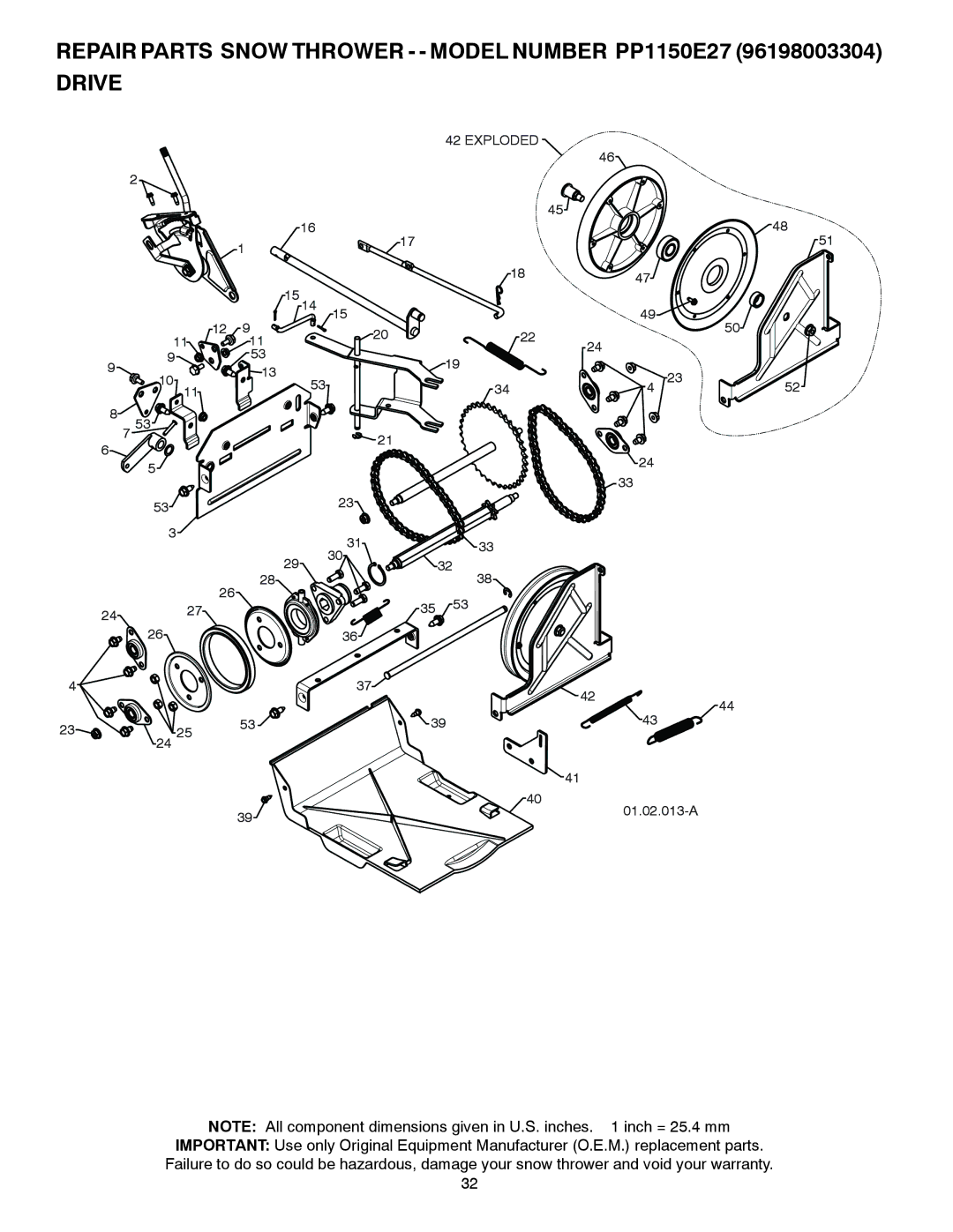 Poulan 437685, 96198003304 owner manual Repair Parts Snow Thrower - Model Number PP1150E27 Drive 