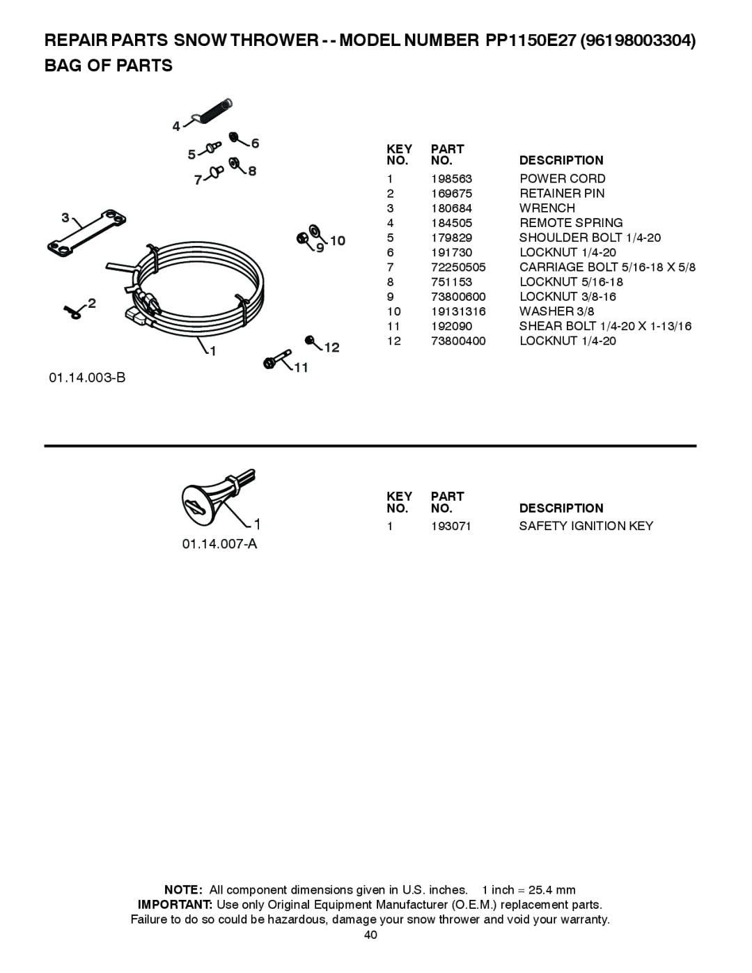 Poulan 437685, 96198003304 owner manual 193071, Safety Ignition KEY 