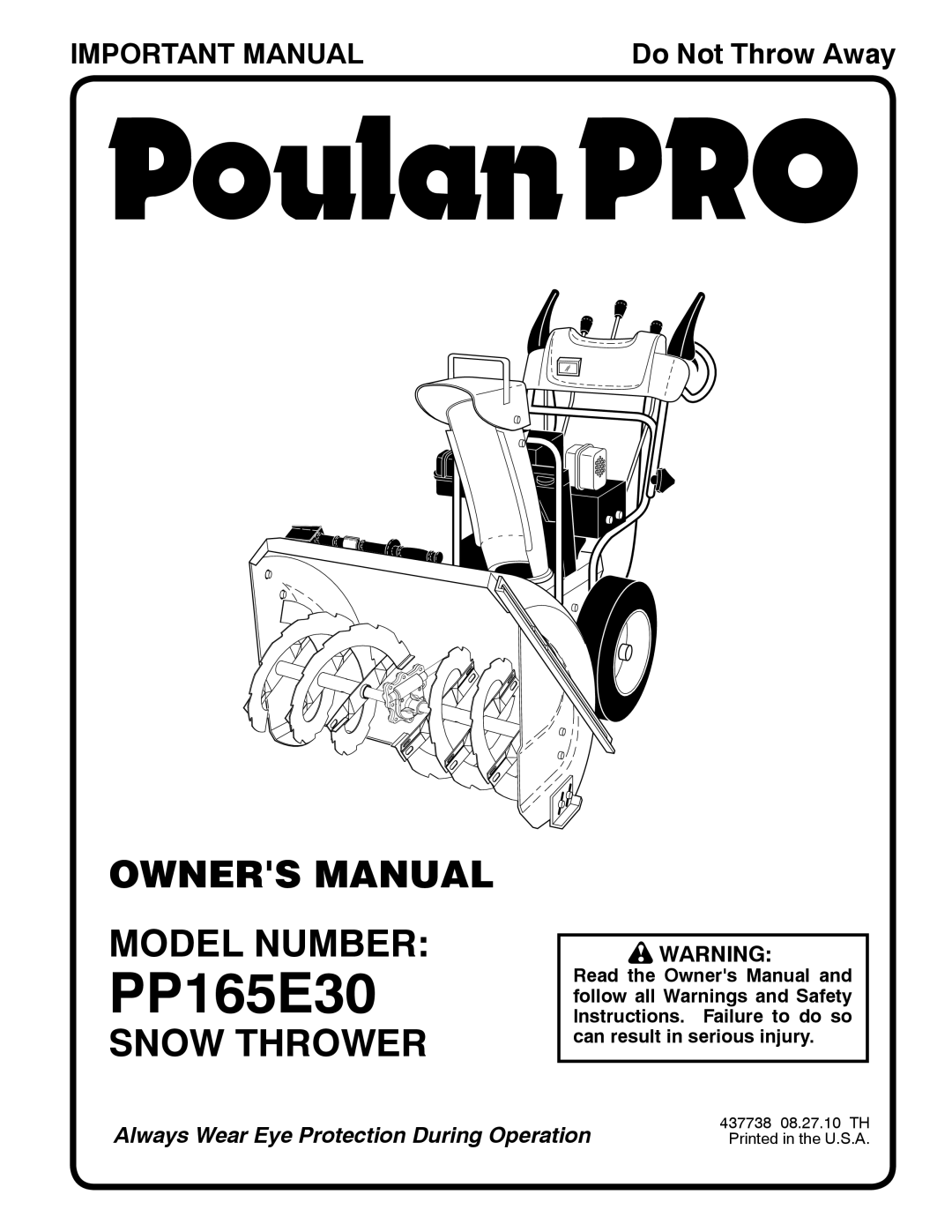 Poulan 96198003700, 437738, PP165E30 owner manual Model Number, Snow Thrower 