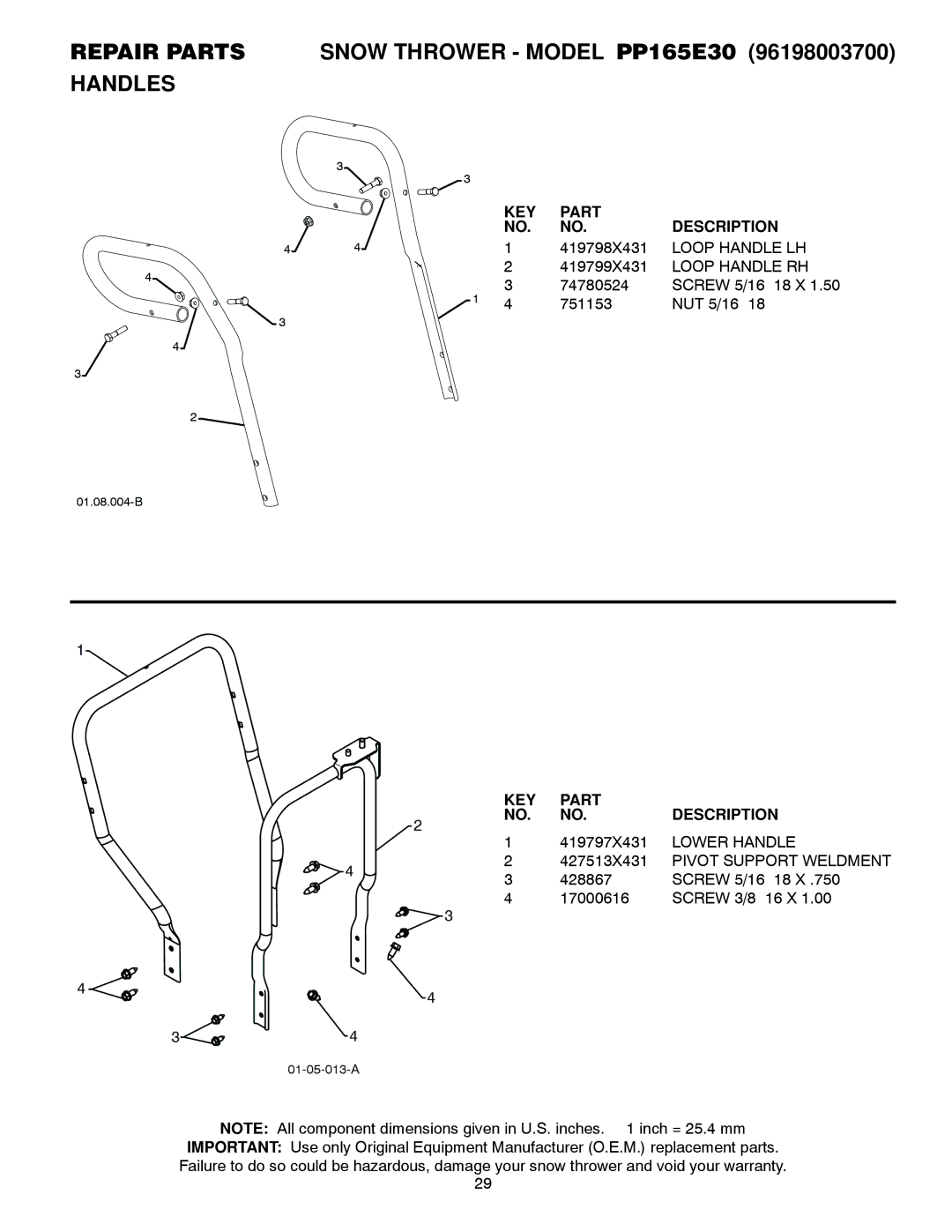 Poulan 437738, 96198003700 owner manual Repair Parts Snow Thrower Model PP165E30 Handles, Loop Handle LH, Loop Handle RH 