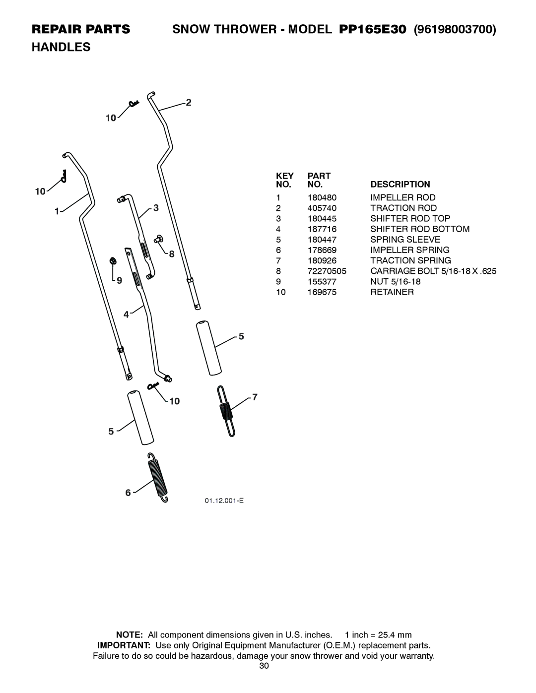 Poulan 437738, 96198003700, PP165E30 owner manual 180480, Impeller ROD, Traction ROD, Retainer 