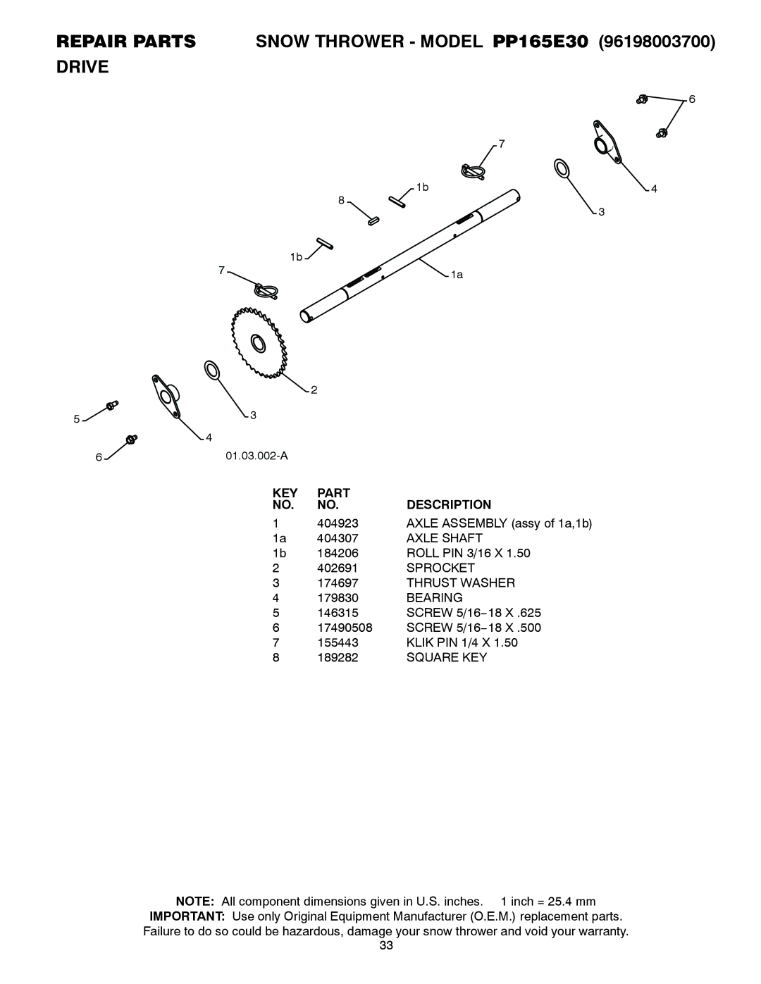 Poulan 437738, 96198003700, PP165E30 owner manual Repair Parts, Drive, Axle Shaft, Sprocket 