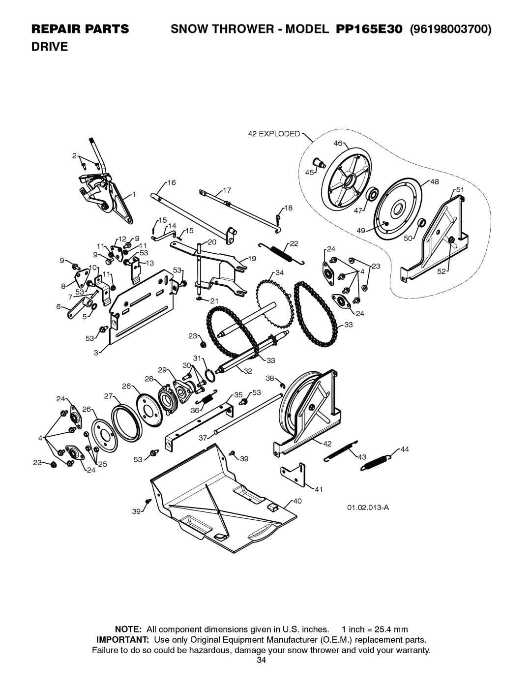 Poulan 96198003700, 437738 owner manual Repair Parts Snow Thrower Model PP165E30 Drive 