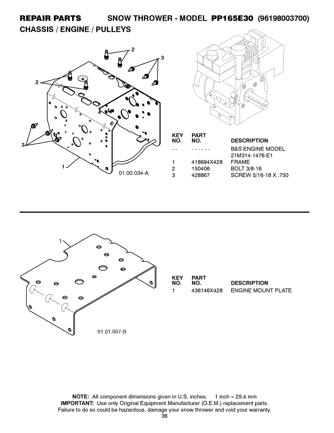 Poulan 437738, 96198003700, PP165E30 owner manual Engine Model, Frame, 436146X428, Engine Mount Plate 