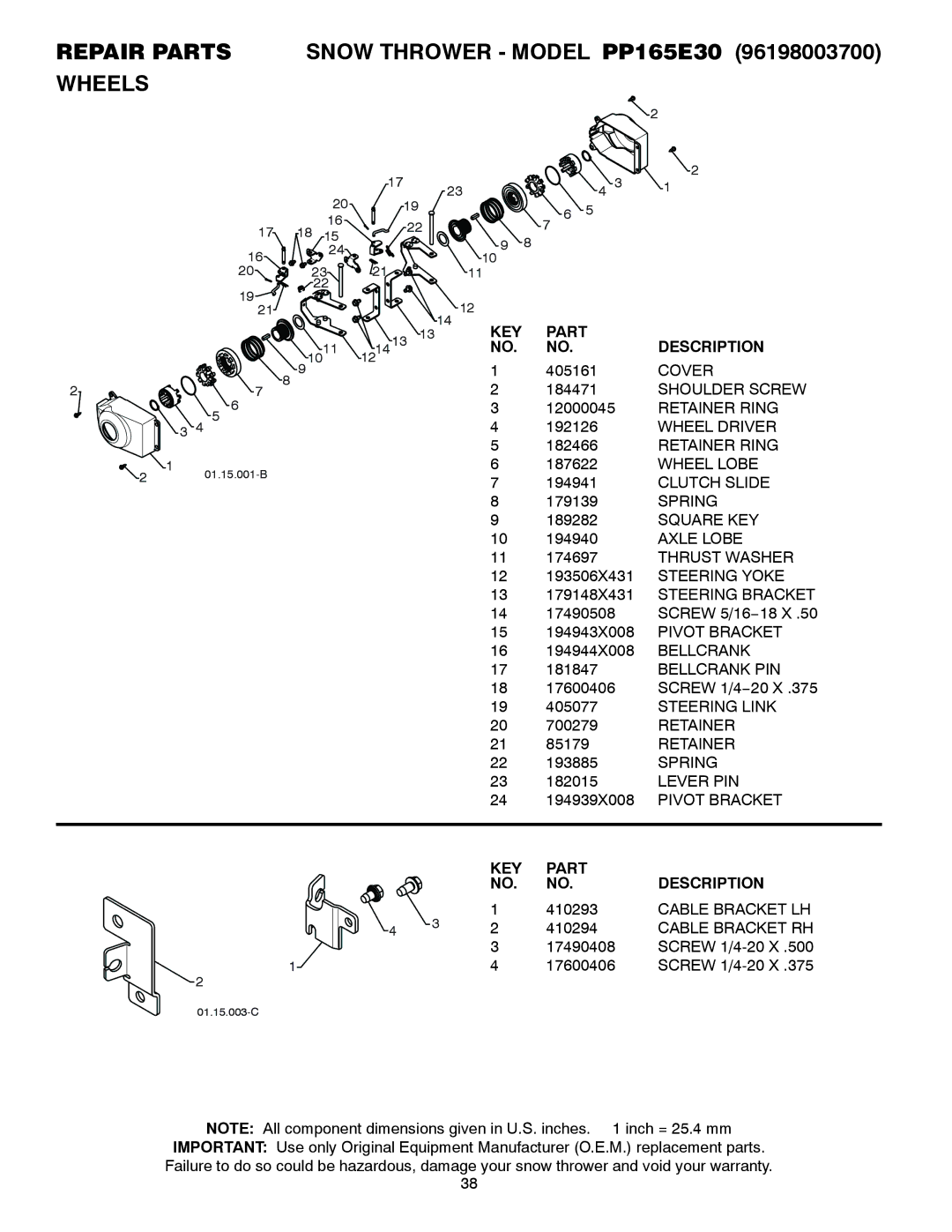 Poulan 437738, 96198003700 owner manual Repair Parts Snow Thrower Model PP165E30 Wheels 