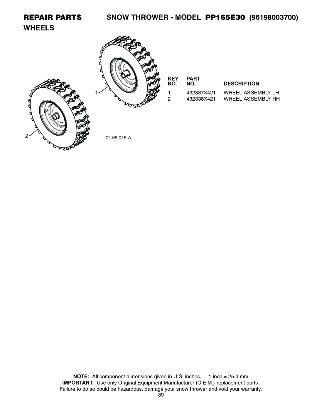 Poulan 437738, 96198003700, PP165E30 owner manual 432337X421, Wheel Assembly LH, 432338X421 