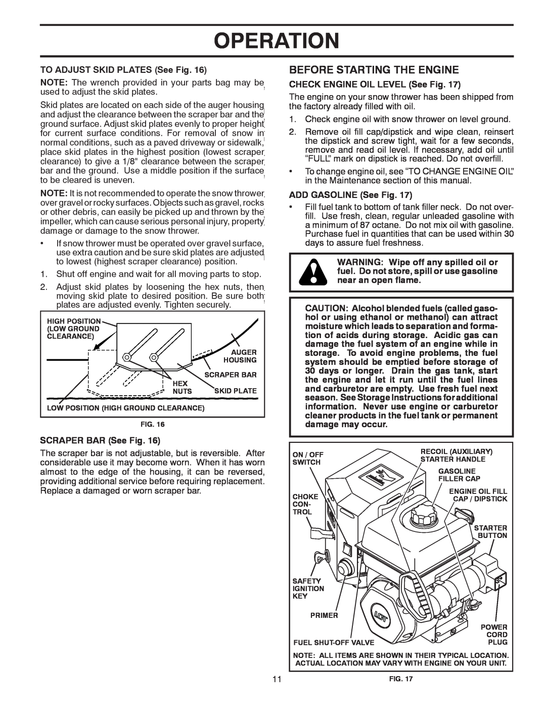 Poulan 96192004501 Before Starting The Engine, Operation, TO ADJUST SKID PLATES See Fig TO ADJUST SKID PLATES See Fig 