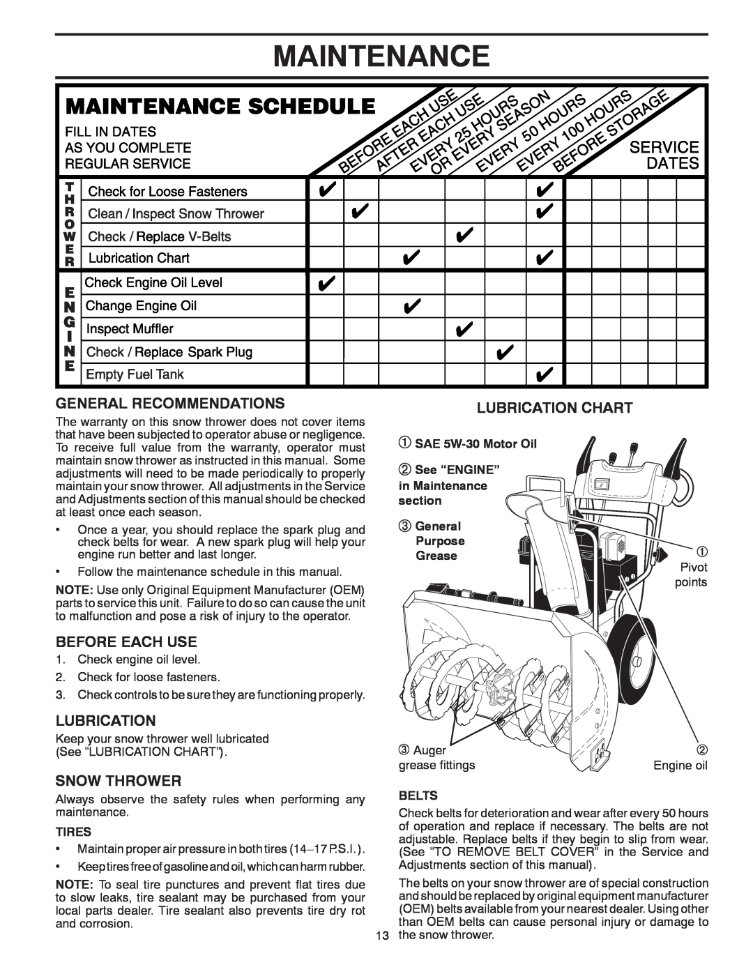 Poulan 96192004501 Maintenance, General Recommendations, Before Each Use, Snow Thrower, Lubrication Chart, Tires 