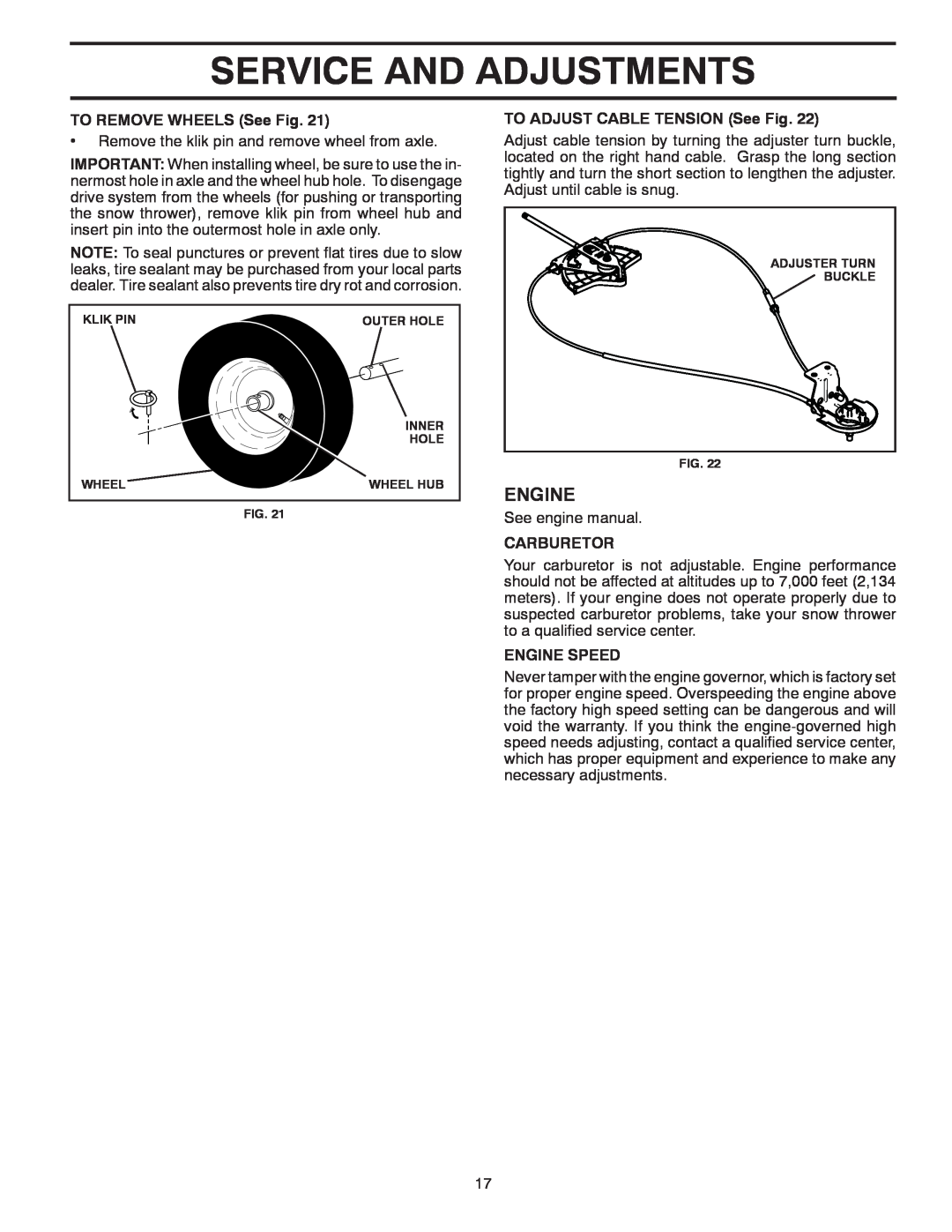 Poulan 96192004501 Service And Adjustments, Engine, TO REMOVE WHEELS See Fig, TO ADJUST CABLE TENSION See Fig, Carburetor 