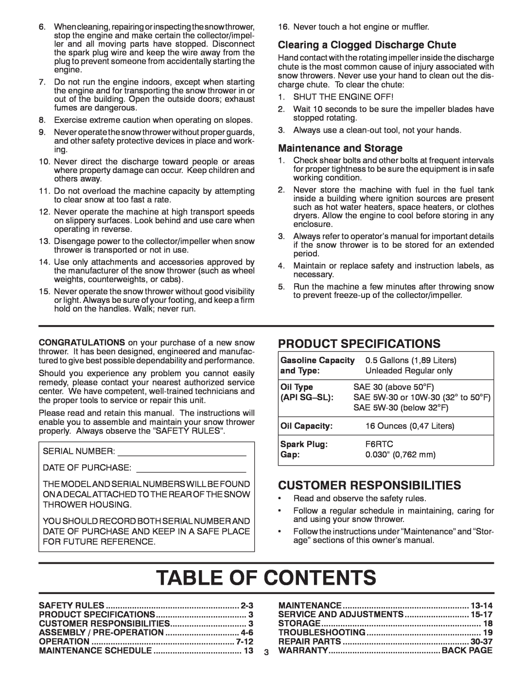 Poulan 96192004501 Table Of Contents, Product Specifications, Customer Responsibilities, Maintenance and Storage, Oil Type 