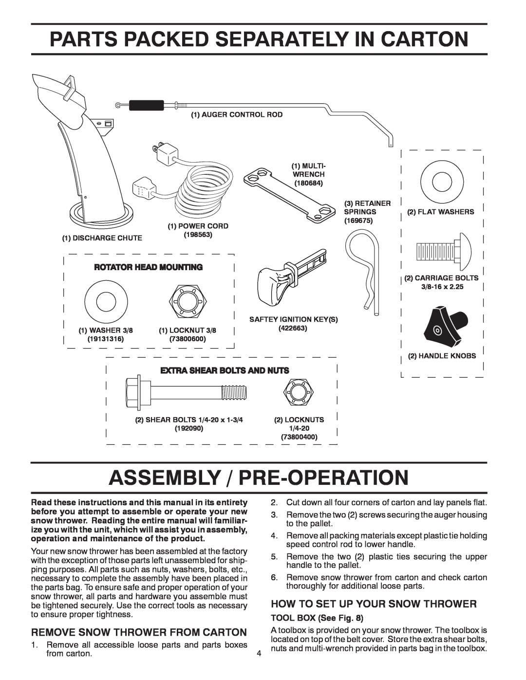 Poulan 437920, 96192004501 Parts Packed Separately In Carton, Assembly / Pre-Operation, How To Set Up Your Snow Thrower 