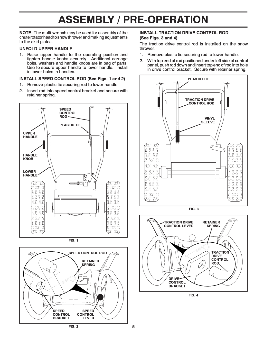 Poulan 96192004501 Assembly / Pre-Operation, Unfold Upper Handle, INSTALL SPEED CONTROL ROD See Figs. 1 and, Plastic Tie 