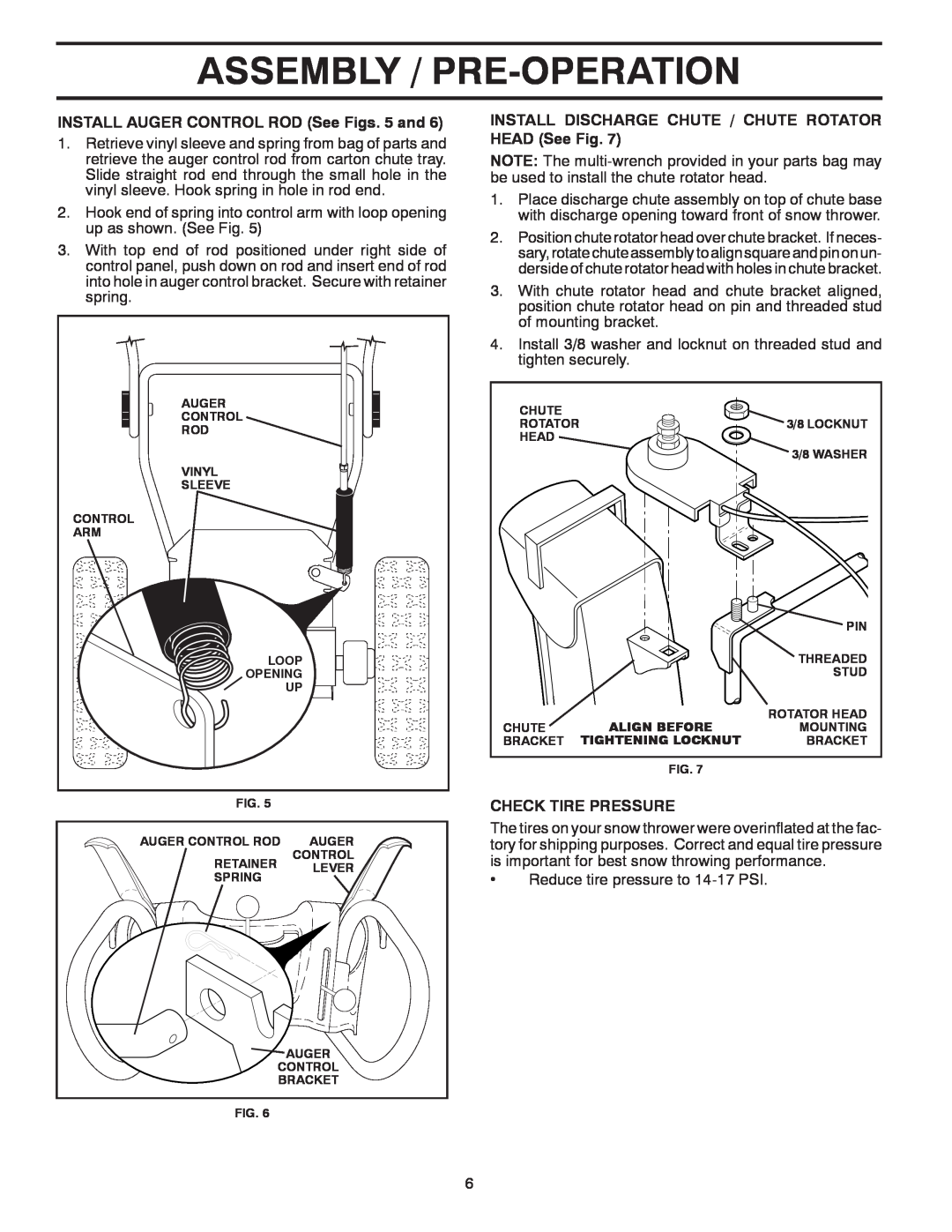 Poulan 437920, 96192004501 Assembly / Pre-Operation, INSTALL AUGER CONTROL ROD See Figs. 5 and, Check Tire Pressure 