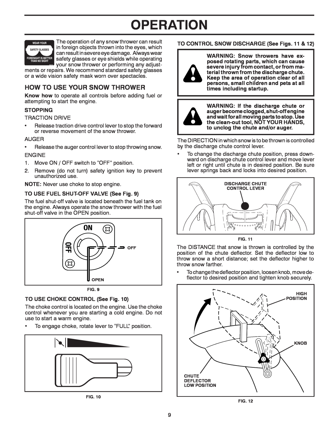 Poulan 96192004501, 437920 How To Use Your Snow Thrower, Operation, Stopping, TO USE FUEL SHUT-OFF VALVE See Fig 