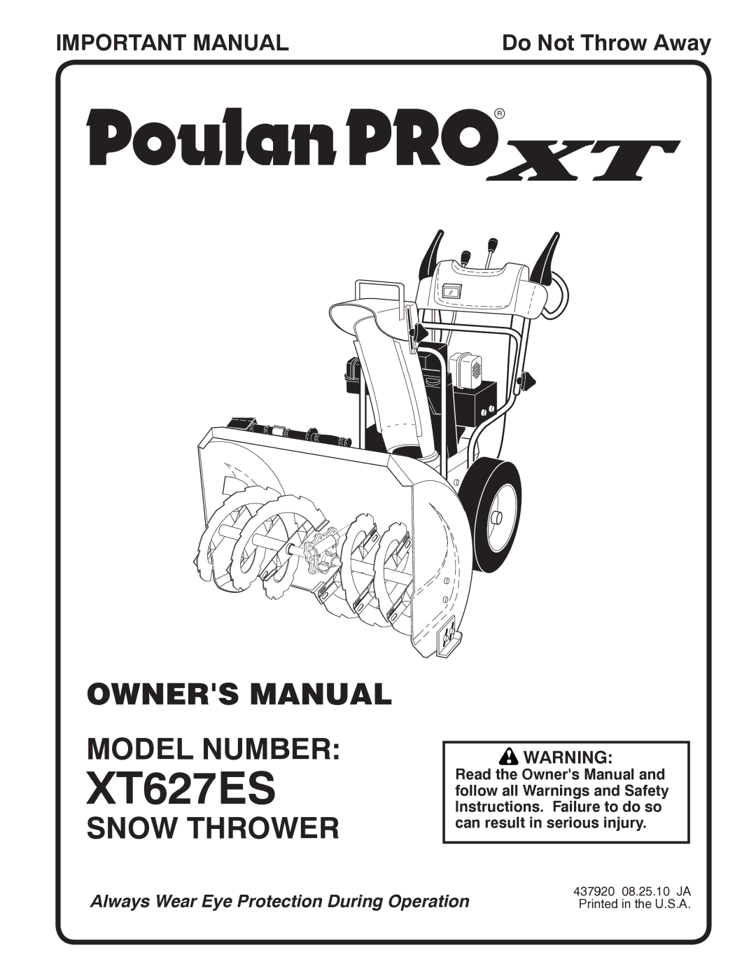 Poulan 96192004501, 437920 owner manual Model Number, Snow Thrower 