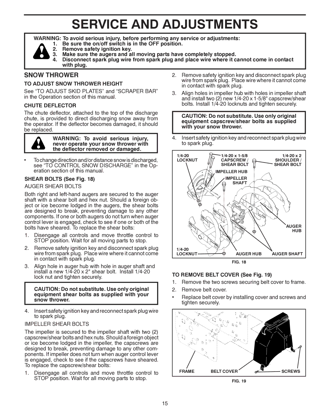 Poulan 96192004501, 437920 Service and Adjustments, To Adjust Snow Thrower Height, Chute Deflector, Shear Bolts See Fig 