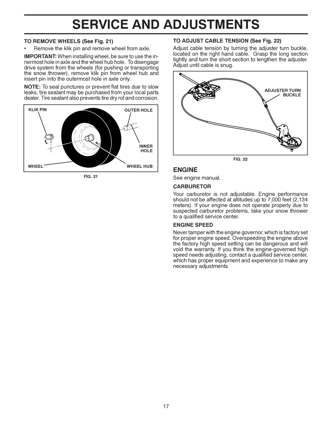 Poulan 96192004501, 437920 owner manual To Remove Wheels See Fig, To Adjust Cable Tension See Fig, Carburetor, Engine Speed 