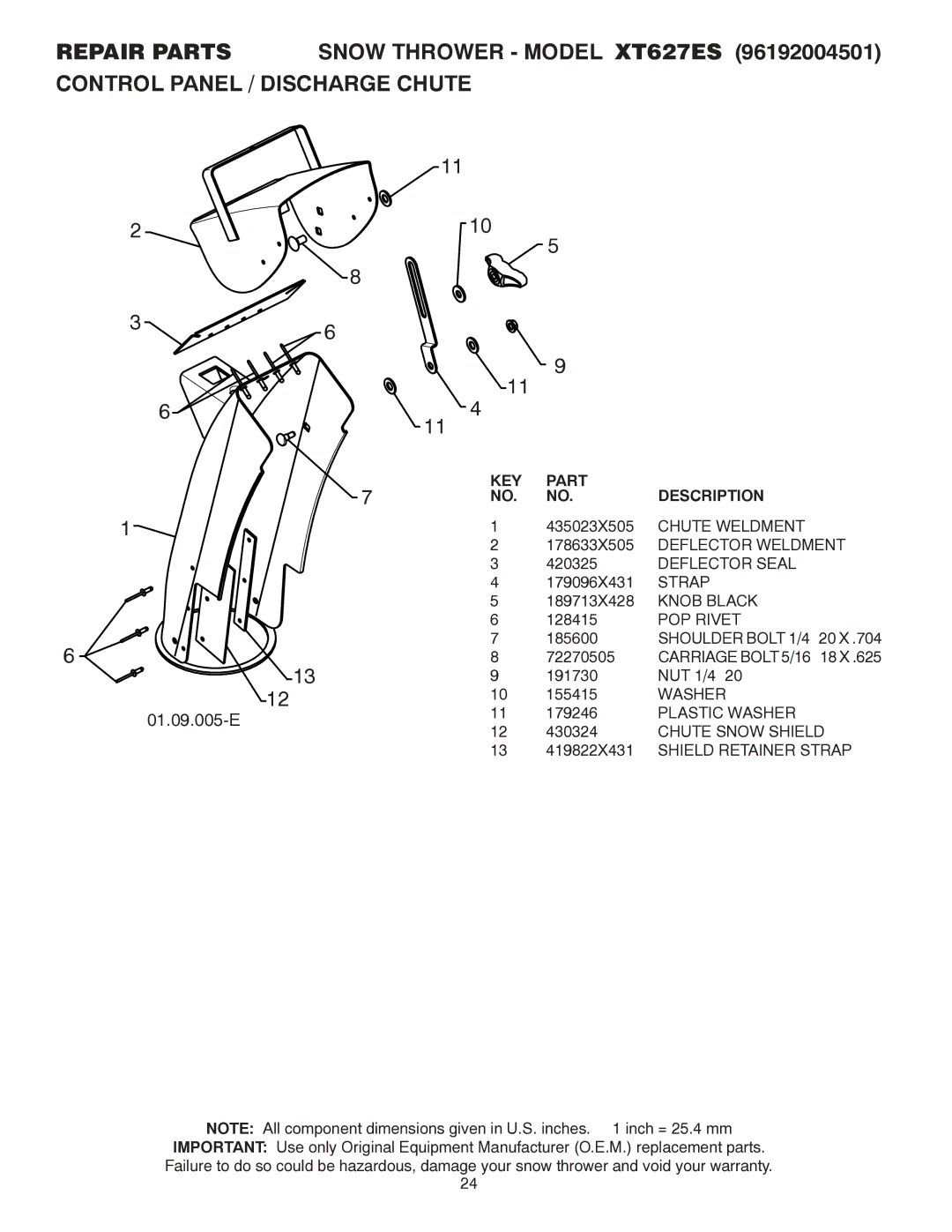 Poulan 437920 Chute Weldment, Deflector Weldment, Deflector Seal, Strap, Knob Black, POP Rivet, Plastic Washer 