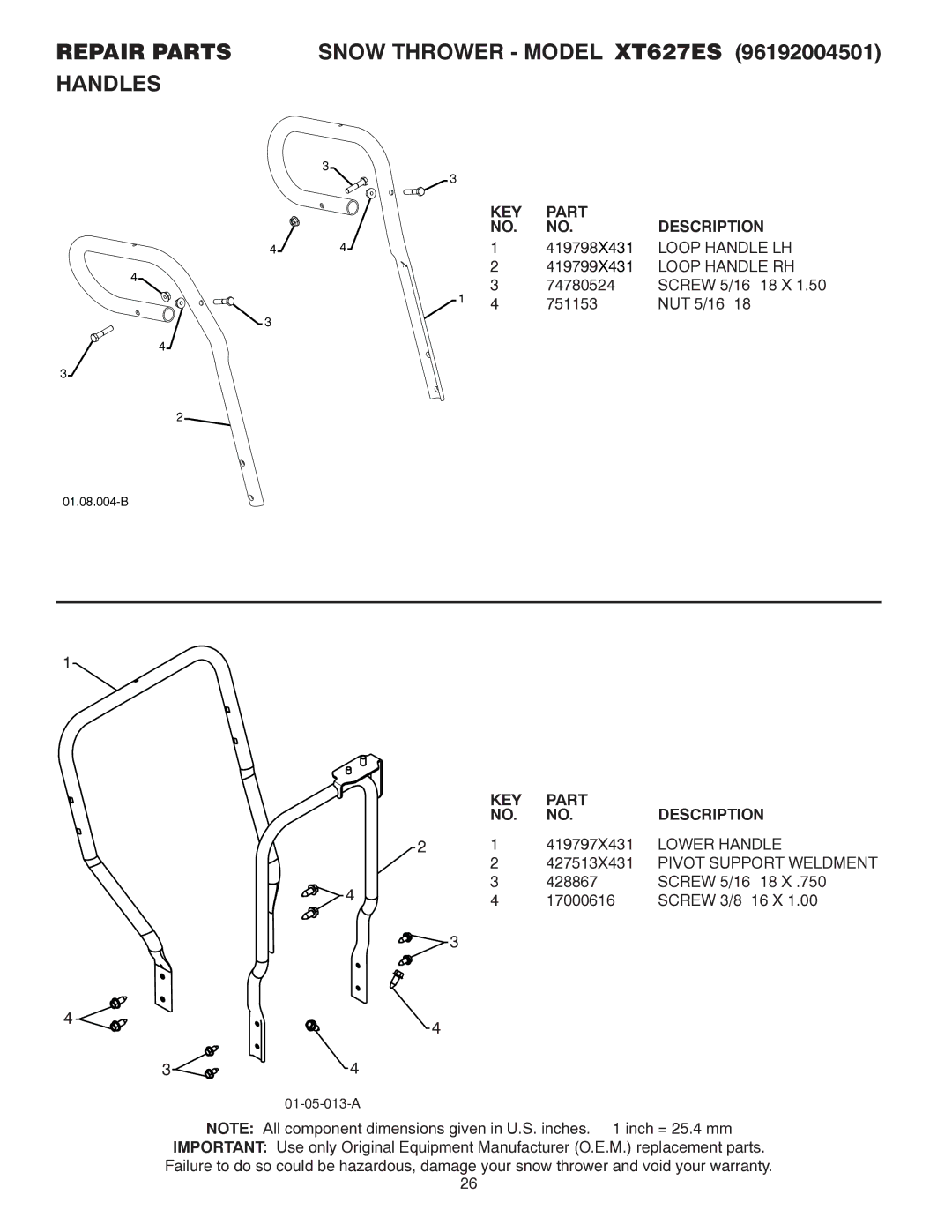 Poulan 437920, 96192004501 Repair Parts Snow Thrower Model XT627ES Handles, Loop Handle LH, Loop Handle RH, Lower Handle 