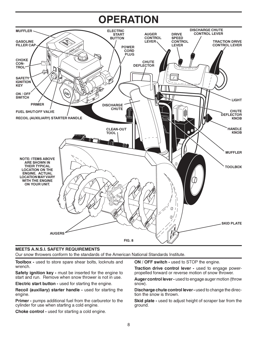 Poulan 437920 owner manual Meets A.N.S.I. Safety Requirements, Recoil auxiliary starter handle used for starting the engine 