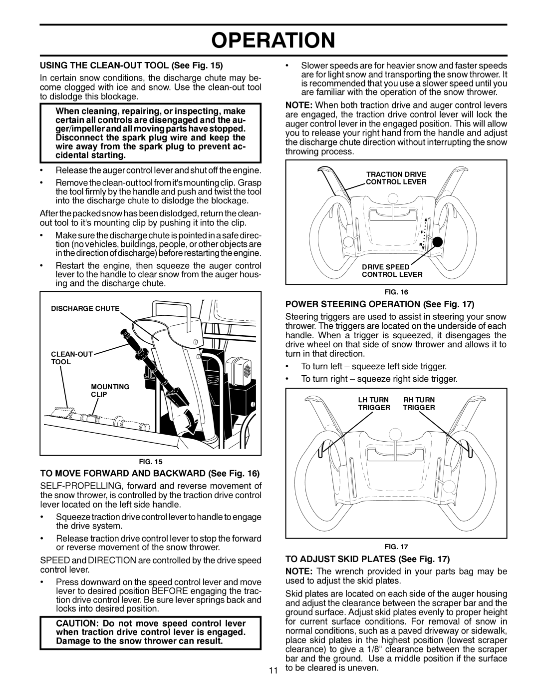 Poulan 96198003102 Using the CLEAN-OUT Tool See Fig, To Move Forward and Backward See Fig, To Adjust Skid Plates See Fig 