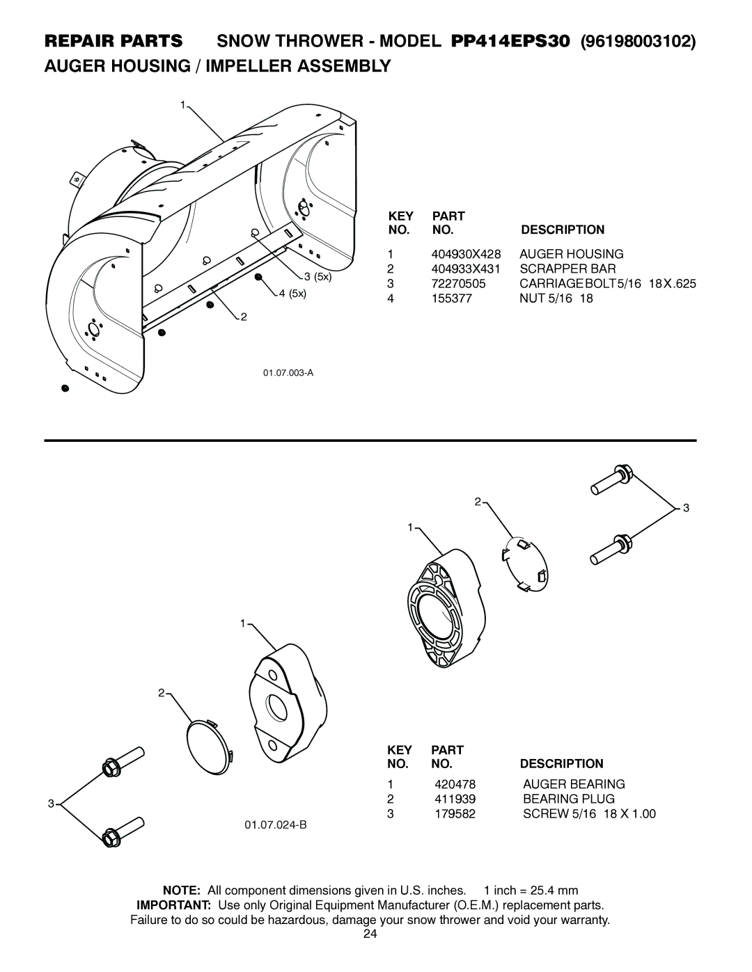 Poulan 437953, 96198003102 owner manual Auger Housing, Scrapper BAR, CARRIAGEBOLT5/16−18X.625, Auger Bearing, Bearing Plug 