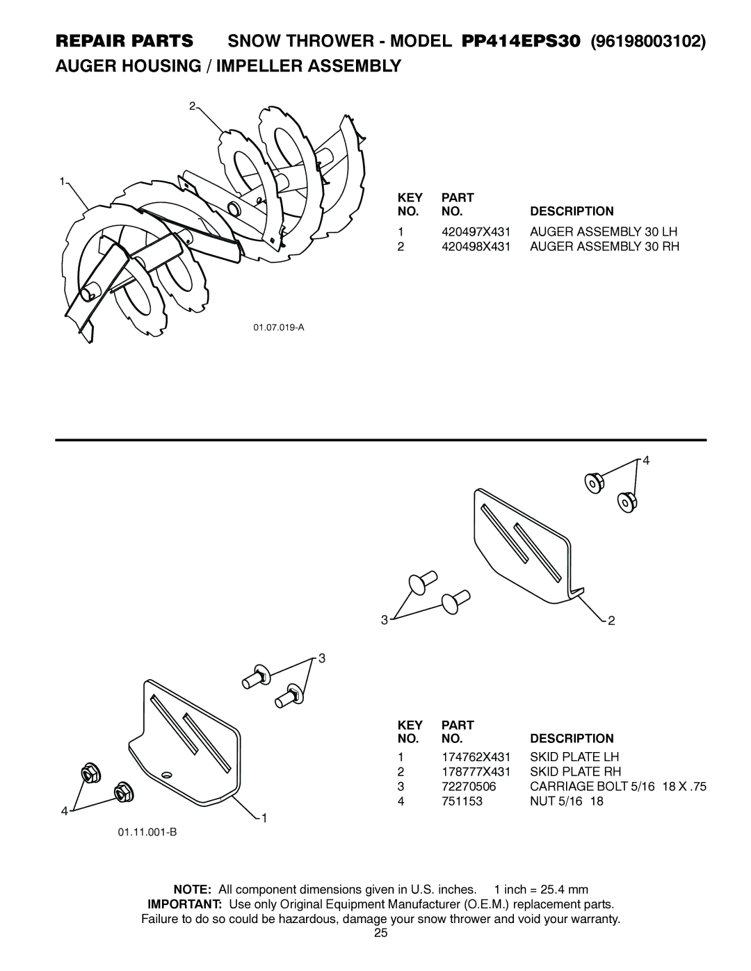 Poulan 96198003102, 437953 owner manual Auger Assembly 30 LH, Auger Assembly 30 RH, Skid Plate LH, Skid Plate RH 