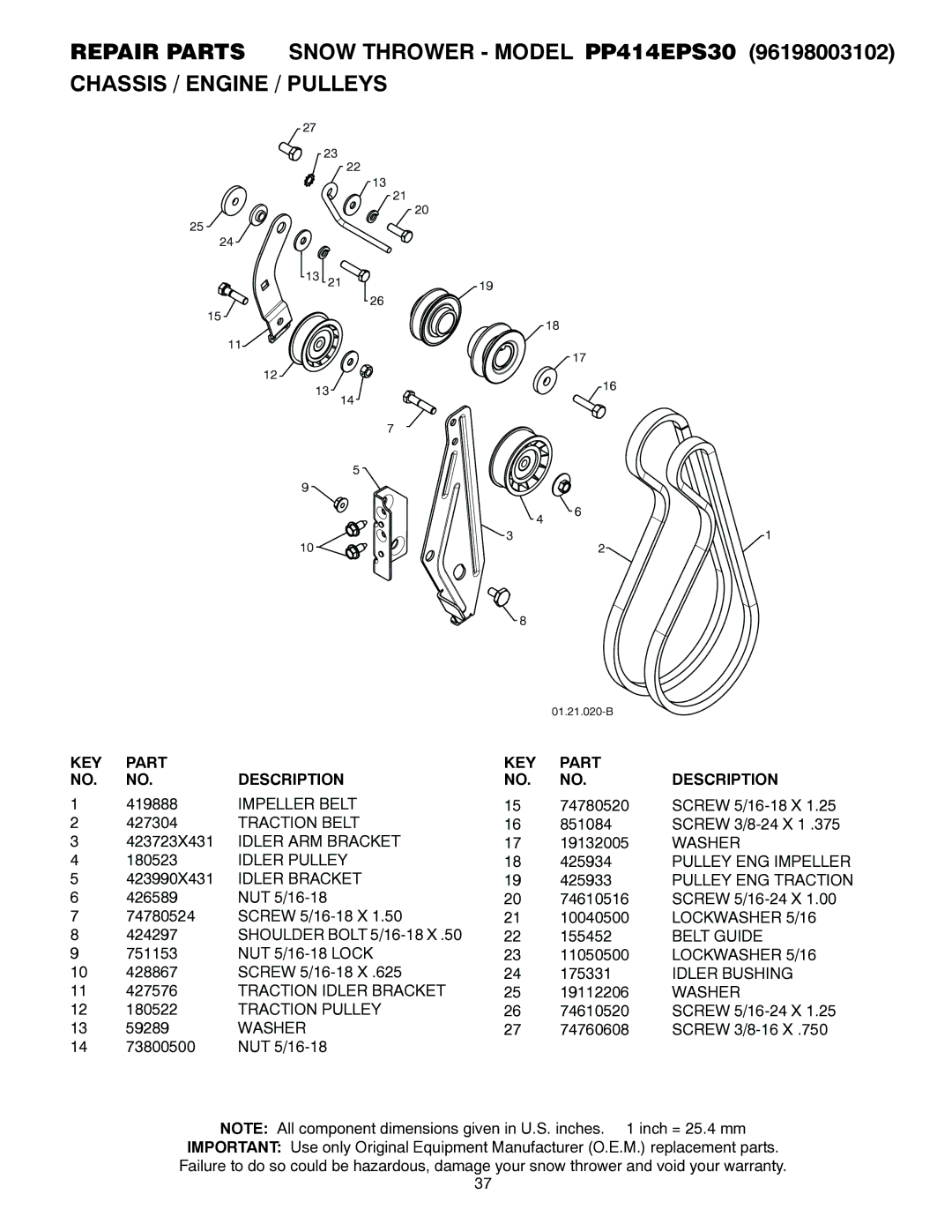 Poulan 96198003102, 437953 Impeller Belt, Traction Belt, Idler ARM Bracket, Idler Pulley, Idler Bracket, Belt Guide 