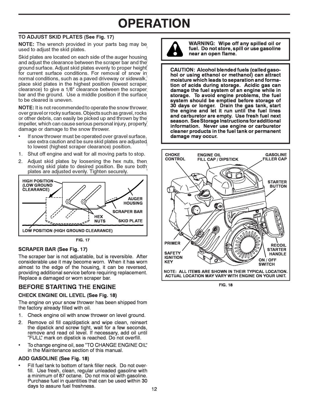 Poulan 437970, 96192003503 Before Starting The Engine, Operation, TO ADJUST SKID PLATES See Fig, SCRAPER BAR See Fig 