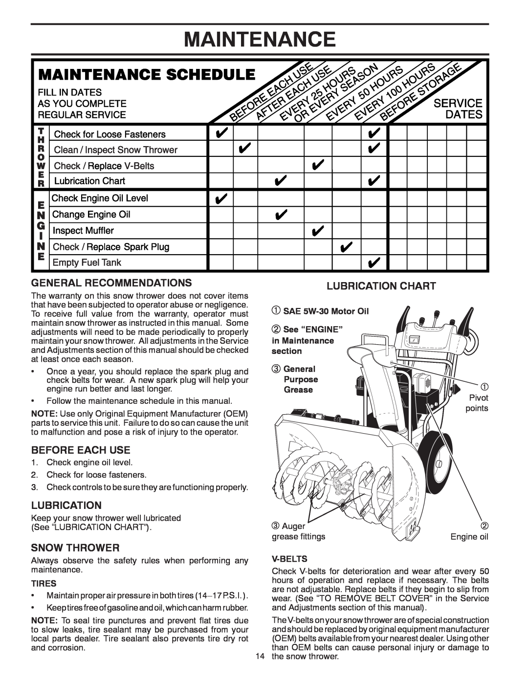 Poulan 437970 Maintenance, General Recommendations, Before Each Use, Snow Thrower, Lubrication Chart, Tires, V-Belts 