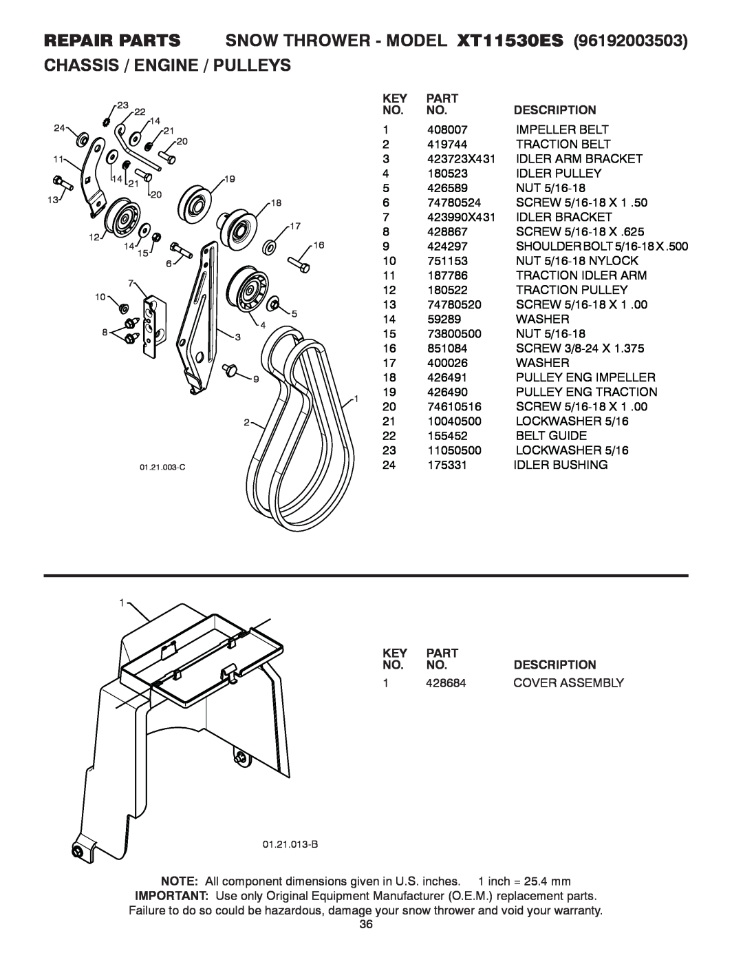 Poulan 437970 REPAIR PARTS SNOW THROWER - MODEL XT11530ES, Chassis / Engine / Pulleys, Part, Description, 428684 
