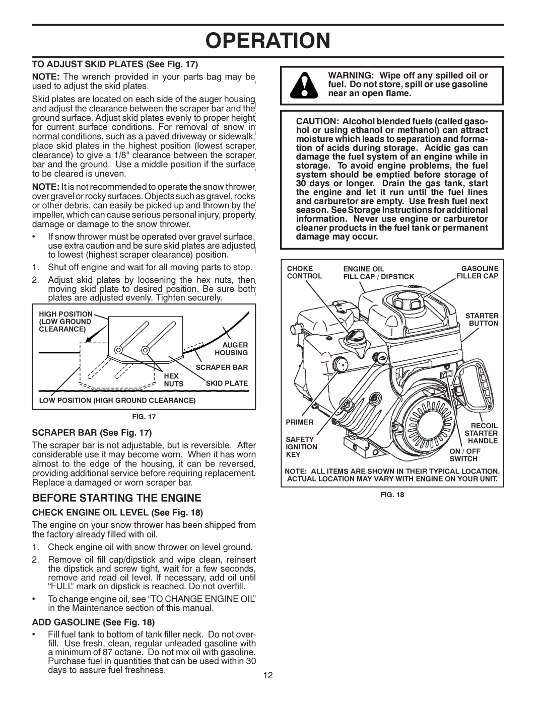 Poulan 437970 Before Starting the Engine, To Adjust Skid Plates See Fig, Scraper BAR See Fig, ADD Gasoline See Fig 