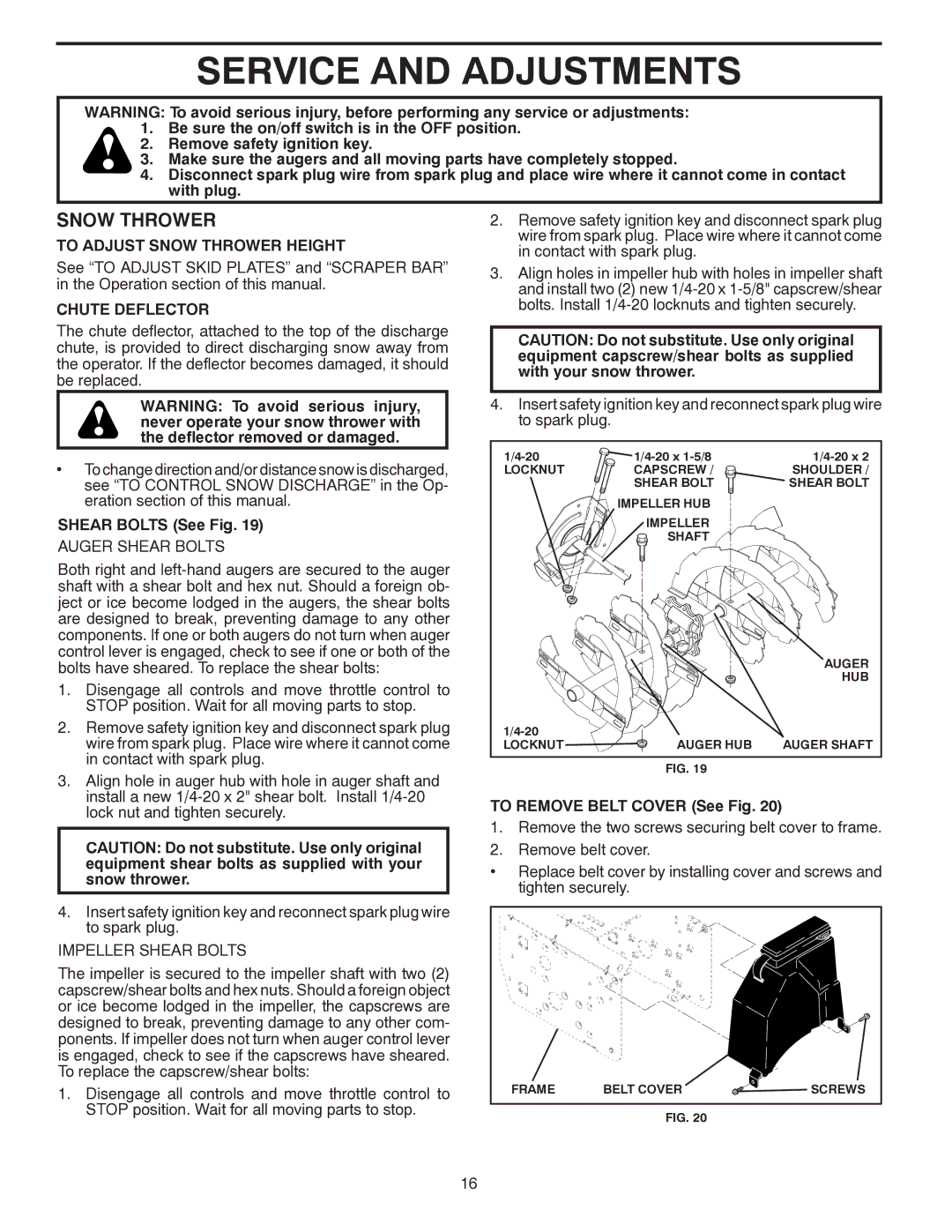 Poulan 437970, 96192003503 Service and Adjustments, To Adjust Snow Thrower Height, Chute Deflector, Shear Bolts See Fig 