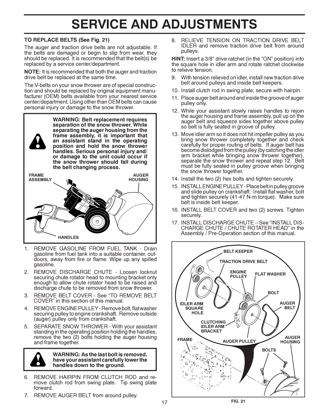 Poulan 96192003503, 437970 owner manual To Replace Belts See Fig 