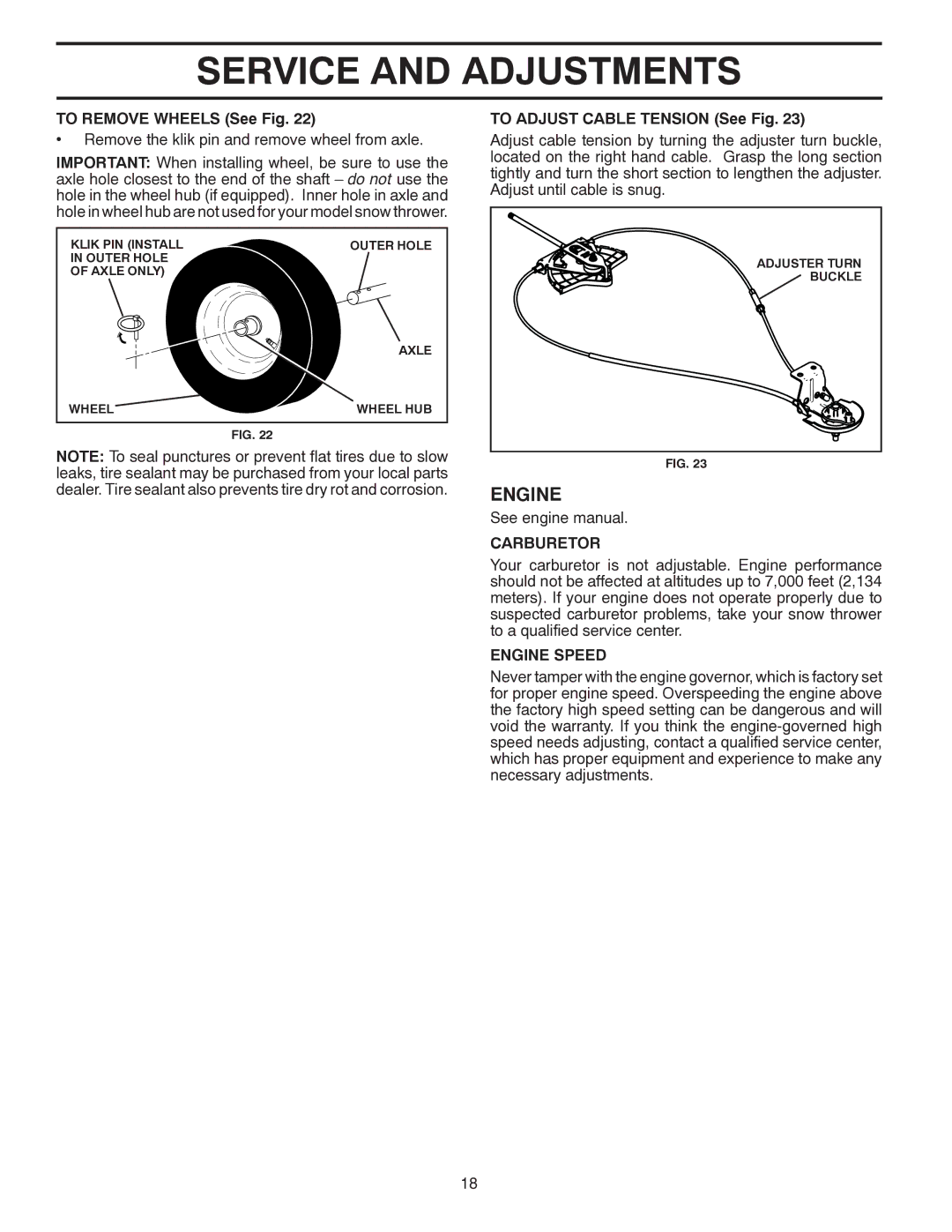 Poulan 437970, 96192003503 owner manual To Remove Wheels See Fig, To Adjust Cable Tension See Fig, Carburetor, Engine Speed 