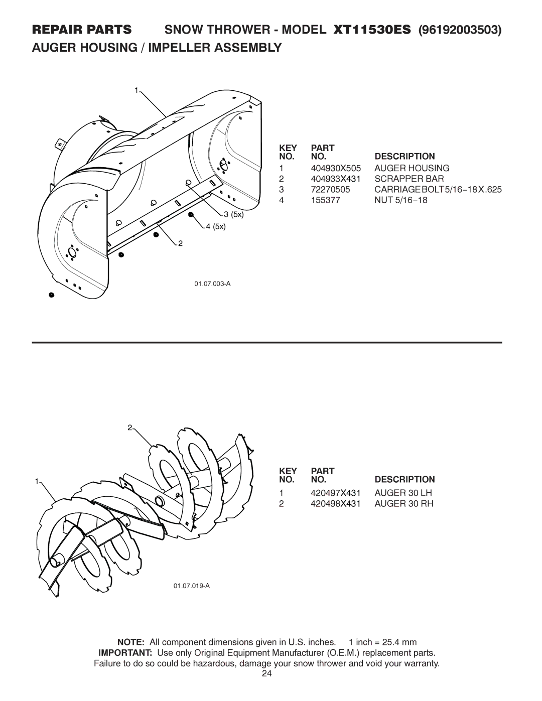 Poulan 437970, 96192003503 owner manual Auger Housing, Scrapper BAR, CARRIAGEBOLT5/16−18X.625, Auger 30 LH, Auger 30 RH 