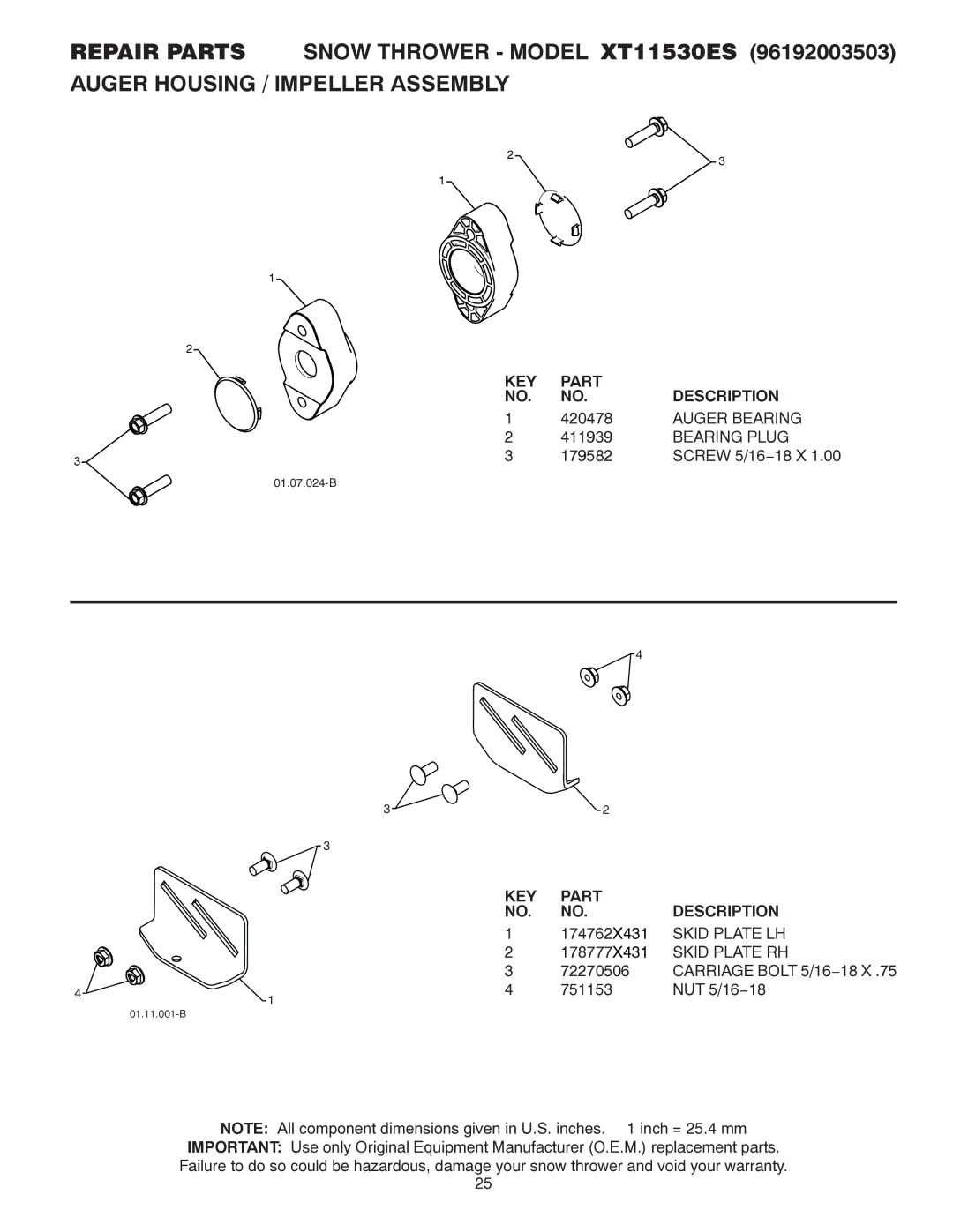 Poulan 96192003503, 437970 owner manual Auger Bearing, Bearing Plug, Skid Plate LH, Skid Plate RH 